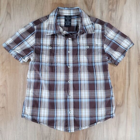 🧡Faded Glory Brown Plaid Buttoned Short Sleeve Shirt Large - Picture 1 of 10